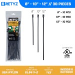 Picture of RETYZ® EveryTie™ 8", 10", 12" Reusable Cable Tie Variety Pack – 30 Pack (Black, 50 lb)