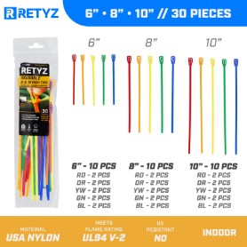 Picture of 6 Inch, 8 Inch, and 10 Inch 5-Color Variety Pack Reusable  Tie - 30 Pack