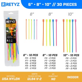 Picture of 6 Inch Mini, 8 Inch, and 10 Inch 5-Color Neon Variety Pack Reusable  Tie - 30 Pack