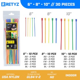 Picture of PJD x RETYZ® 6", 8", 10" Reusable Cable Tie Combo – 30 Pack (Primary Colors, Mixed Strength)