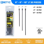 Picture of PJD x RETYZ® EveryTie™ 6", 8", 10" Reusable Cable Tie Combo – 30 Pack (Black, 50 lb)